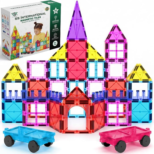 Magnetic Tiles 100 Pcs with 2 Cars STEM Building Blocks Toys for Kids 3+ | 100-piece magnetic building tile set with 2 cars for STEM, open-ended play, and kindergarten classroom learning fun