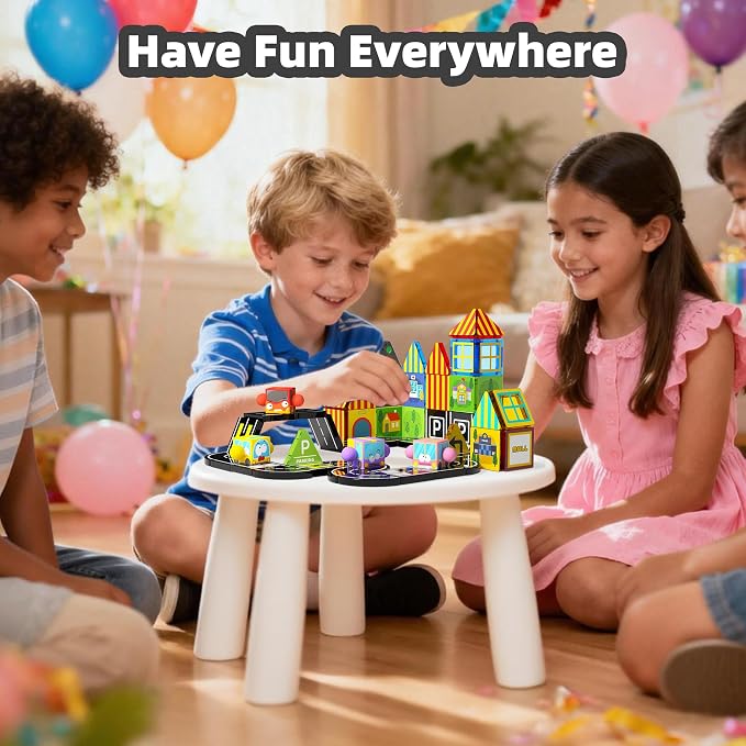 GobiDex 60PCS Mini Magnetic Tiles City Road Set with 4 Cars | Travel Magnetic Blocks Building Toys for Boys & Girls Ages 3+, Montessori Educational Birthday Gifts