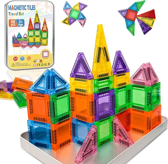 48PCS Mini Magnetic Tiles Travel Set 3+ Years | Kids Magnetic Building Blocks with Iron Box | STEM Educational Sensory Toys | Preschool & On-The-Go Games | Christmas Birthday Gift