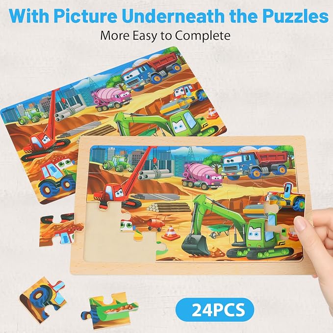 Puzzles for Kids Ages 4-6, 4-Pack 24-Piece Wooden Kids Puzzles | Construction Vehicle Themes | Educational Puzzles for Kids Ages 3-5, Age-Appropriate Learning Toys, Ages 3+