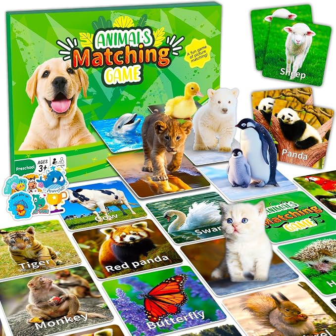 YTSQLER 100 PCS Animal Memory Matching Game | For kids Ages 4-8, toddlers 3-5, Preschool Learning Activities, Family Board Game, Animal Learning Card Game