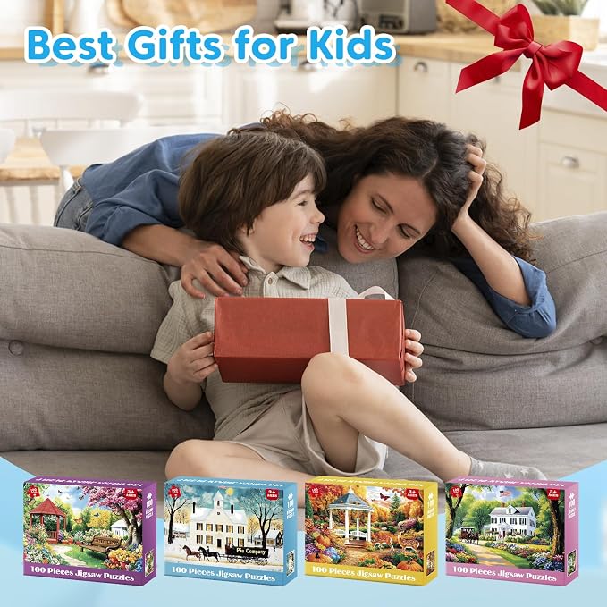 4 Pack 100 Piece Puzzles for Seniors, Four Seasons Jigsaw Puzzles | Elderly Large Piece Puzzle for Adults & Kids Ages 4-6 6-8 8-10, Easy Beginner Puzzle Family Educational Toy Gift
