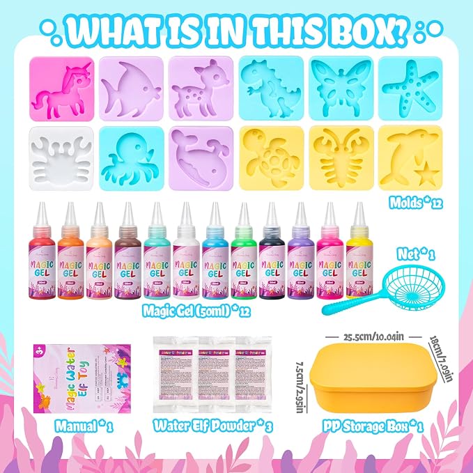 Magic Elf Toy, Aqua Fairy Water Gel Kit for Kids, Summer Party Favors Gifts | 12 Gels & 12 Molds - Water Pets Sensory Craft Kit - DIY Squishy Maker Set - Gifts for Boys & Girls Birthday Family School