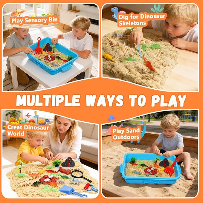 Vectronum Dinosaur Sensory Sand Kit for Boys, Sensory Bin with Lid, 2.64lbs Sand, Archaeology Tools, Dino Figures & Skeletons, Dinosaur Toys for Kids Toddlers 3-5 5-7+ Year Old Christmas Birthday Gift