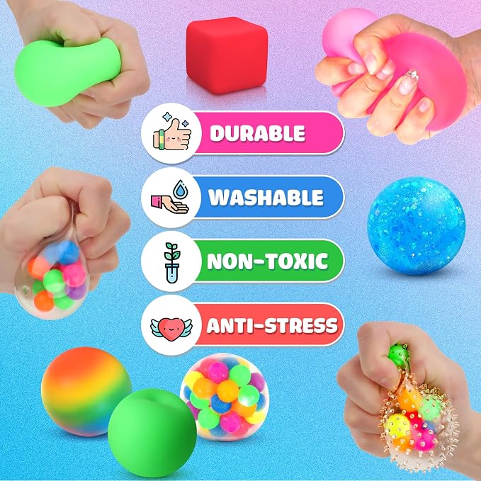 Fidget Sensory Toys Stress Balls: 12 Pack Squishy Stress Balls for Kids | Hand Therapy Sensory Ball with Nervousness Pressure Relief - Squeeze Stress Toys Bulk - Classroom Prize Gift for Student