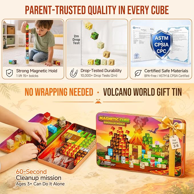 Dinosaur Magnetic Blocks Travel: 1.48lb 100PCS Volcano Tin Set | 7 Dinos 2 Explorers 60-Min Multi-Kid Story, N32 Quiet Road Trip Car Airplane Activities Toys for Kids Boys Girls Ages 3-8