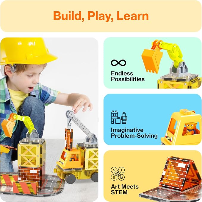 PicassoTiles Magnetic Tiles Construction Set, 5-in-1 Vehicle Toys Ages 3+ | 5 build configurations, 2 poseable action figures, 2 car bases, durable non-toxic pieces, hands-on STEM play