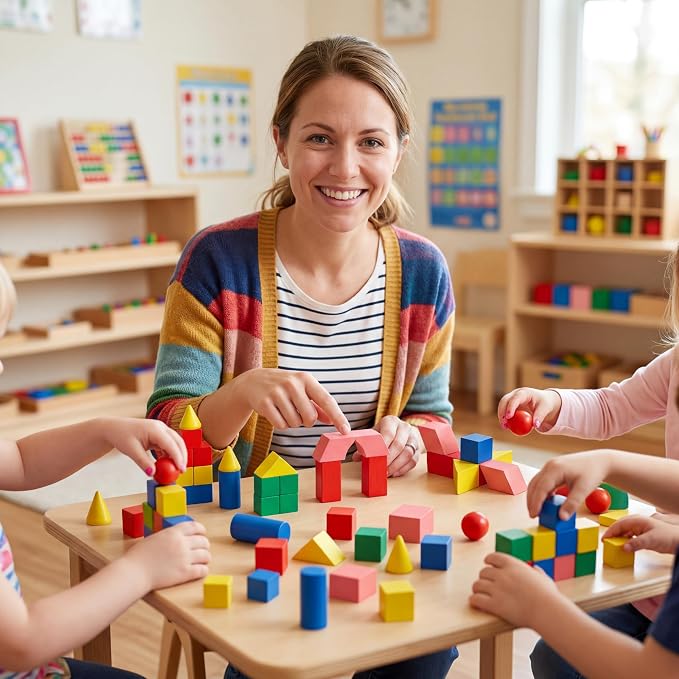 Deekin 70 Pcs Wood Geometric Solid Mini 3D Shape Wooden Building Block Bul | Montessori Stacking Toy Manipulatives Elementary Block for Preschool Learning Geometry Math Kindergarten Teaching Classroom