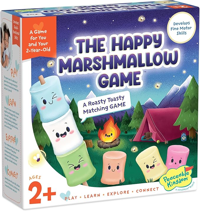 Peaceable Kingdom Happy Marshmallow Toddler Game | A fast, replayable board game. Includes 2 marshmallow roasting sticks and 12 marshmallows. Ages 2+.