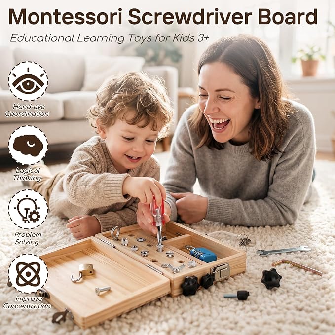 Lehoo Castle Montessori Screwdriver Board Set, Wooden Tool Set for 3 4 5 | Lock and Key Montessori Toys for Toddlers 3-5, STEM Busy Board Toys, Preschool Learning Fine Motor Skills Toys Sensory Gift