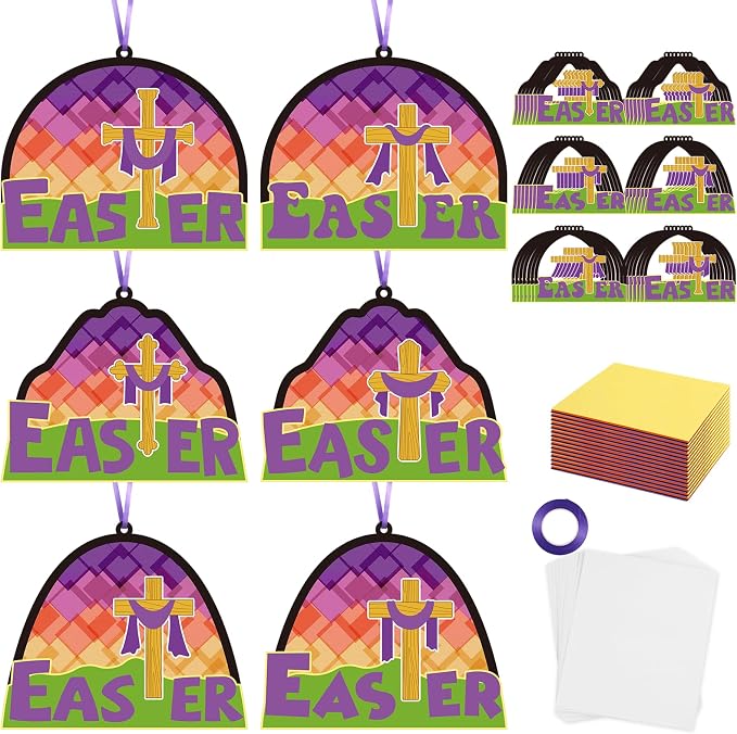Qyeahkj 36 Set Religious Easter Cross Suncatchers Crafts for Kids DIY Christian Resurrection Window Tissue Paper Craft Kit Hanging Decor for Sunday School Activity Art Project Birthday Party Favor