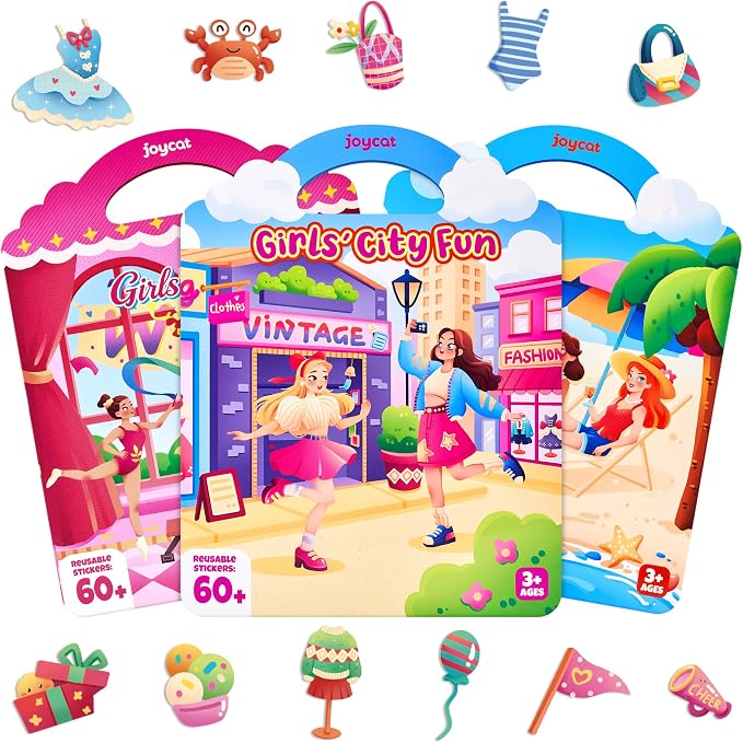 JoyCat Reusable Dress Up Sticker Books, 3-Pack, City Seaside Dreams | 180+ washable stickers, kids car activities, toddler activity, preschool road trip toy, birthday gift for girls ages 3-5