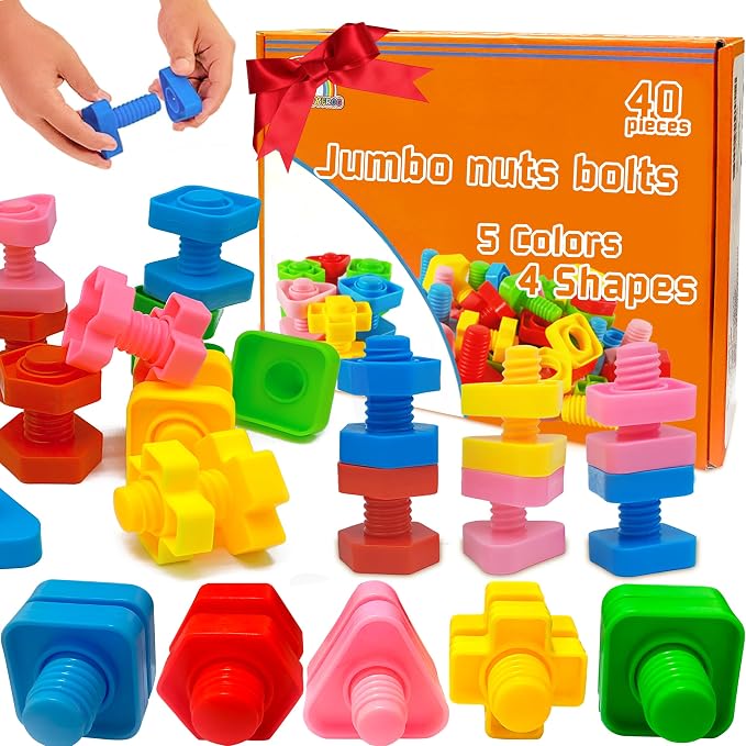 Jumbo Nuts and Bolts for Toddlers - 40 Pcs Screw Toys for Toddlers 3 - Occupational Therapy Toy with Storage Tote and Book - Shape Sorter Fine Motor Toy - Manipulatives for Preschoolers