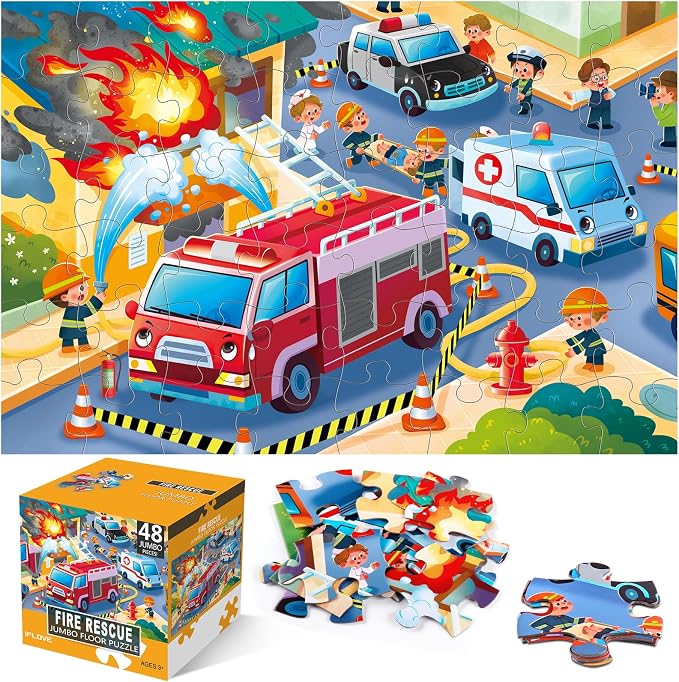 Jumbo Floor Puzzle for Kids,48 Piece Fire Rescue Jigsaw Puzzle Ages 3-8 | Firefighter Fire Truck Vehicle Puzzle,Extra-thick Cardboard,35x24 in Completed,Preschool Learning Toy Gift for Boys and Girls