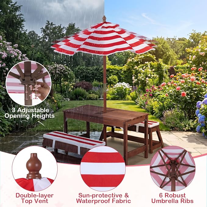 Costzon 4-in-1 Kids Picnic Table with Umbrella, Sand & Water Sensory Bins | Wooden Toddler Outdoor Table with Benches, Cushions, Cover, Gardening Tools, Kids Outdoor Furniture for Patio Backyard