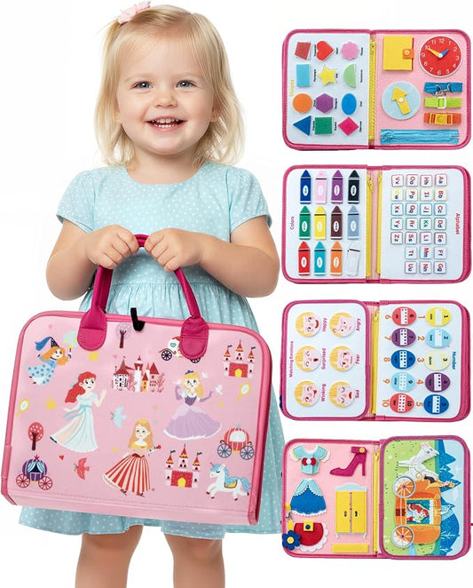 Pink Montessori Busy Board,8-Page Sensory Activity Book for Fine Motor Skills & Basic Dress Learning, Portable Travel Toy for Preschool Kids, Portable Travel Gift for Preschool Girls