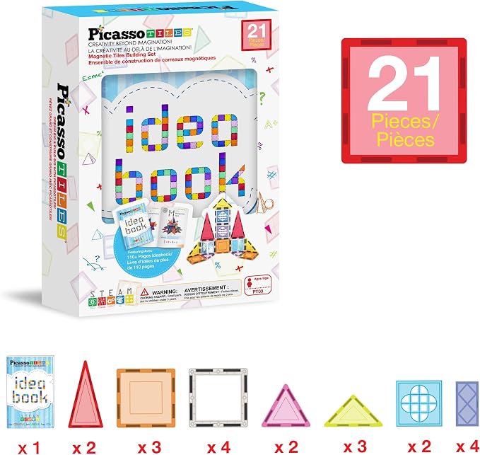 PicassoTiles Magnetic Tiles Magnet Toys Building Blocks Construction Set with 110+ Pages IdeaBook STEM Learning Playset Toddlers Educational Fun Play Kids Boys Girls Sensory Toys Ages 3+ PT03