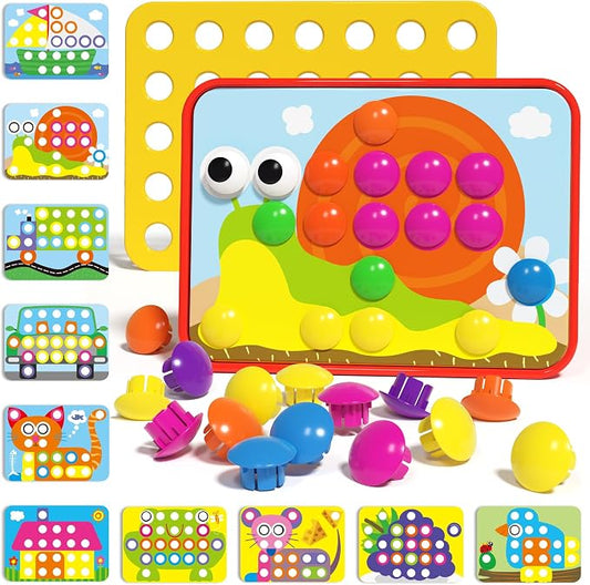 AMOSTING Button Art Toy, Color Matching Pegboard for Kids Ages 3+ | Educational Button Art Activity with Color Matching, Sensory Play and Mosaic Patterns, Preschool Gift for Toddlers