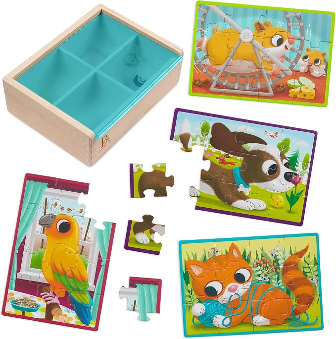 B. toys Wooden Puzzle Set, 4 Animal Puzzles with Wooden Box, Pets | Pack o' Puzzles - Pets includes 4 wooden 12-piece puzzles with cat, dog, bird, and hamster; color-coded backs; 3+ Years