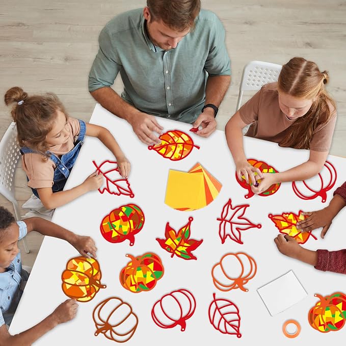 Qyeahkj 36 Set Fall Suncatchers Crafts for DIY Autumn Window Tissue Paper Crafts Kit Maple Leaves Pumpkin Hanging Decor for Thanksgiving Home Activity Art Project Birthday Party Favor Gift