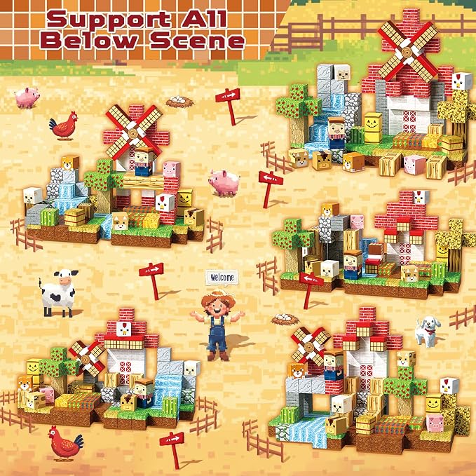 150 PCS Magnetic Blocks - Farm Animals Magnetic Building Blocks, Stacking Magnet Cubes for Kids, Magnetic Construction Toy for Boy Girl, STEM Montessori Sensory Toy for Ages 3-12 Birthday Gift