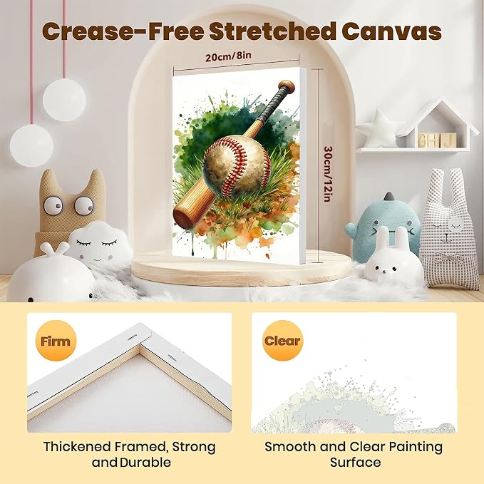 Baseball Paint by Numbers Kit for Kids with Framed Canvas - Wooden Easel | Ball Sports Paint by Numbers for Kids Ages 8-12, Acrylic Oil Painting Kits with Nice Gift Box for Wall Decor (12x8 inch)