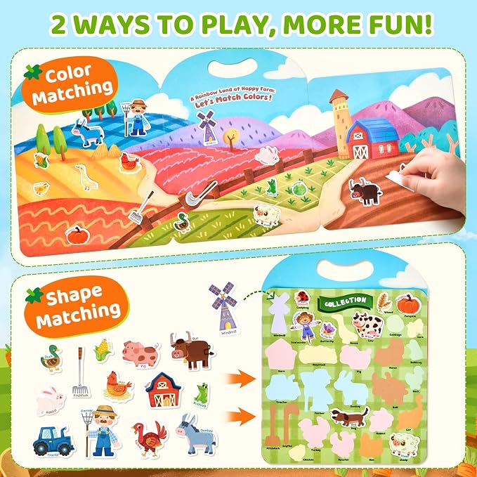 JoyCat Reusable Farm Animal Sticker Book, Travel Toys for Toddlers & Kids | Washable stickers make a kids' activity book for car, airplane and road trips; educational birthday gifts for boys and girls.