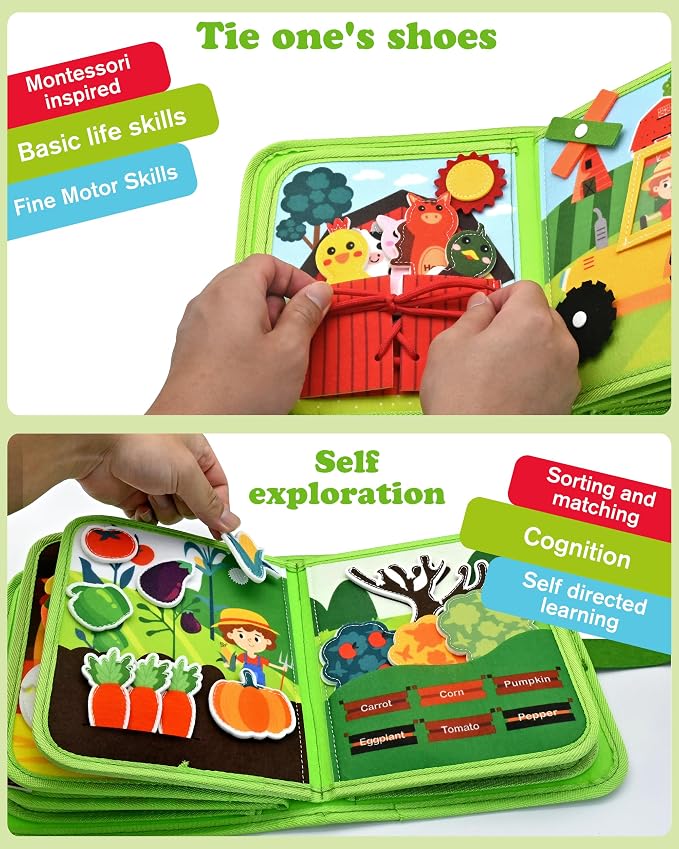 Busy Board for Toddlers 1-3 – Montessori Busy Toys for 1 2 3 Year Old Boys Girls, Preschool Educational Travel Quiet Activity Book with Life Skills, Sorting, Matching, and Cognitive Games