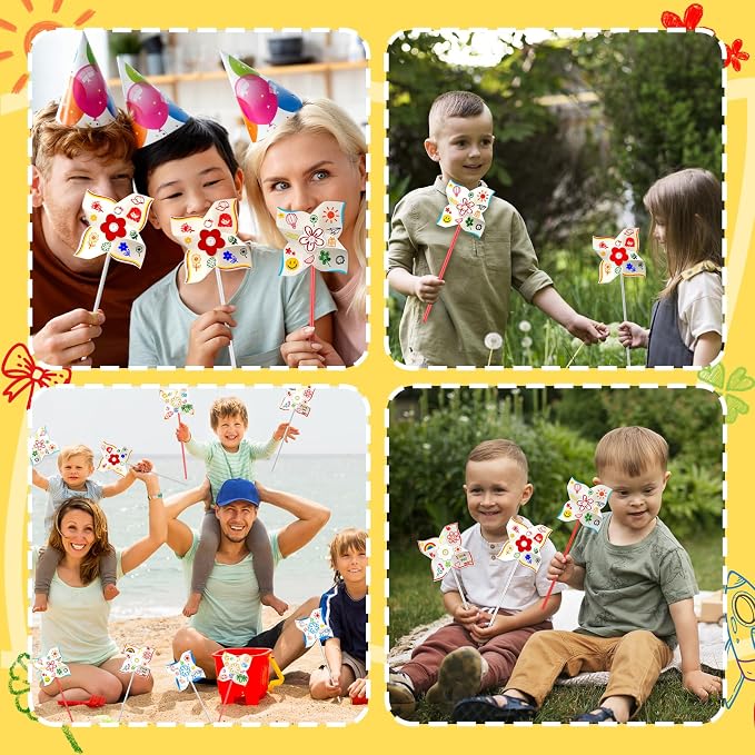 110pcs Summer Activities for Kids – DIY Paper Pinwheels Crafts, Blanks White Windmill Kits Bulk for 4th of July, Classroom Party, Back to School, Easter, Spring Art Projects