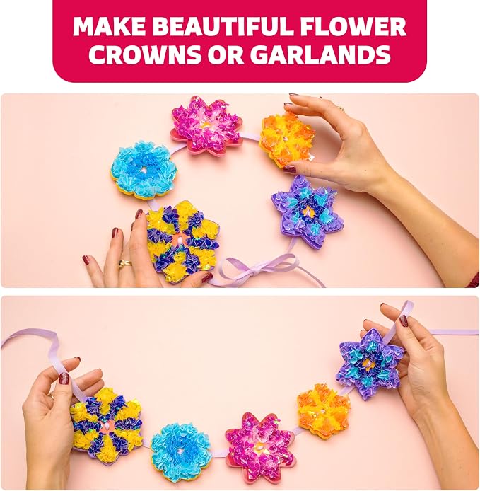 Poke-In Craft Flower Crowns, Poke Art for Kids Ages 4-8, Punch Tufting Kit | 15 foam flowers, 1000+ 3d fabric squares, non-messy beginner kit for girls, preschool learning activity, spring easter gift