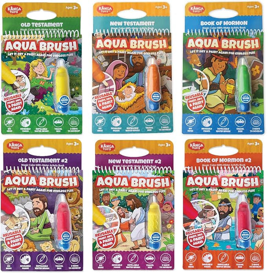 KangaToys 6 Pack of Aqua Brush, Water Reveal, Coloring Scripture Activity Book for Kids. (6 Pack Bible & Book of Mormon Set)