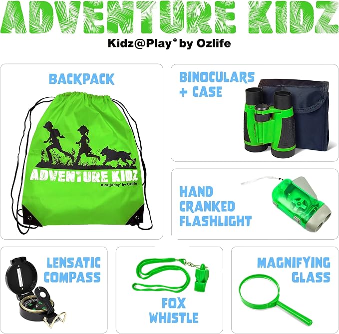 Adventure Kidz Outdoor Exploration Kit, Children’s Binoculars with Case, Flashlight, Compass, Whistle, Magnifying Glass, Backpack. Great Kids Gift Set for Camping, Hiking, STEM and Pretend Play | Binoculars, Flashlight, Compass, Fox Whistle, Magnifying...