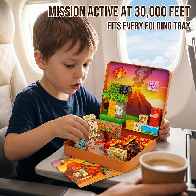 Dinosaur Magnetic Blocks Travel: 49PCS Prehistoric Cubes Toy Set | 4 Story Missions & Explorer Figure for 45+ Min Quiet Focus Game 350g Tin Travel Toy for Car Airplane Activities Kids Ages 3-8