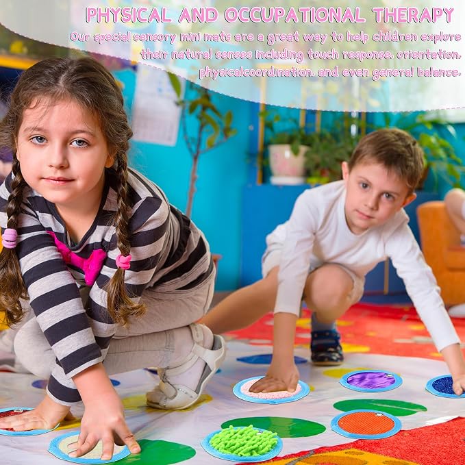 Boao 8 Set Mini Sensory Mats for Autism Kids Sensory Floor Tiles, Round | 4 Inch, Assorted Textured Play Mats, Educational Tactile Toys for Adhd Children Activity Occupational Therapy