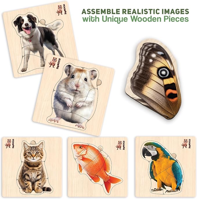 Wooden Puzzles for Toddlers 1-3 - 6 Montessori Kids Puzzles Ages 2-4 | Realistic Toddler Puzzles 15x15 Inches — Birds, Animals, Fish and Butterfly — Educational Motor Skills Toys