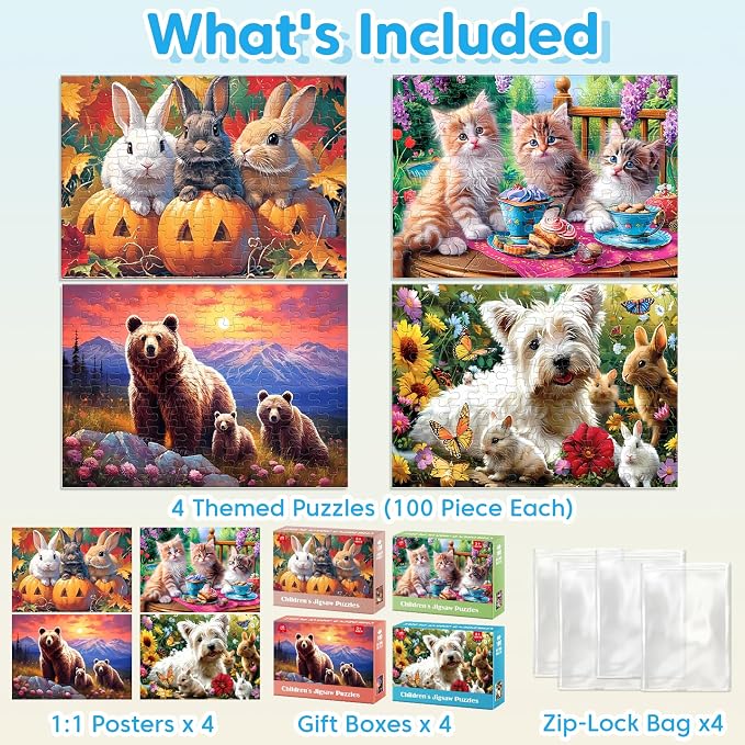 Jeacirio 4 Pack 100 Piece Puzzles for Kids Ages 4-6, 6-8, 8-10, Cute Animal Jigsaw Set with Rabbits, Kittens, Bears & Puppy Friends, Large Piece Gift Set with Posters and Storage Bags