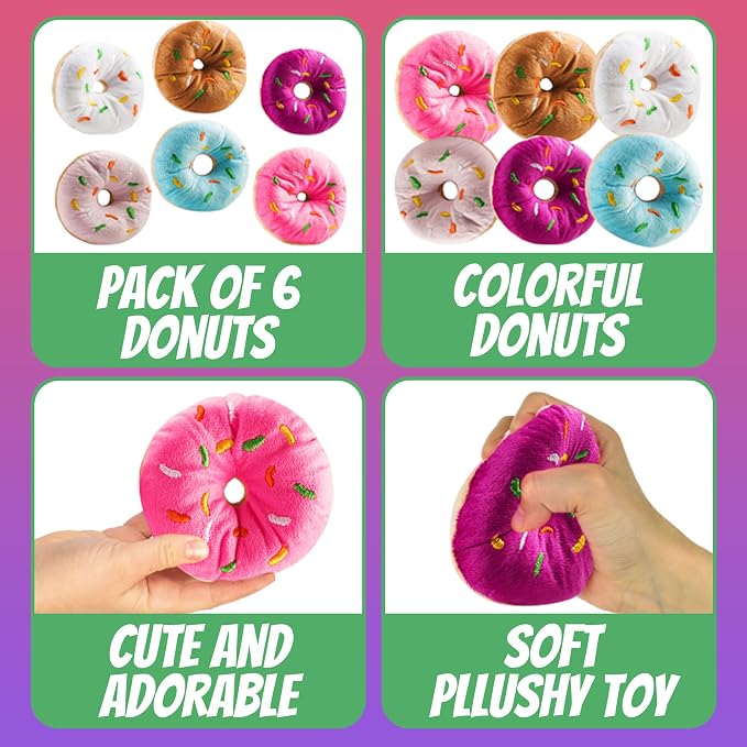 Plush Donut Toys with Sprinkles (6-Pack) Stuffed Donut Party Decorations | Soft Stuffed Donuts for Birthday Decorations, Donut Party Supplies, Party Favors, Kids Gifts, Photo Props & Classroom Rewards