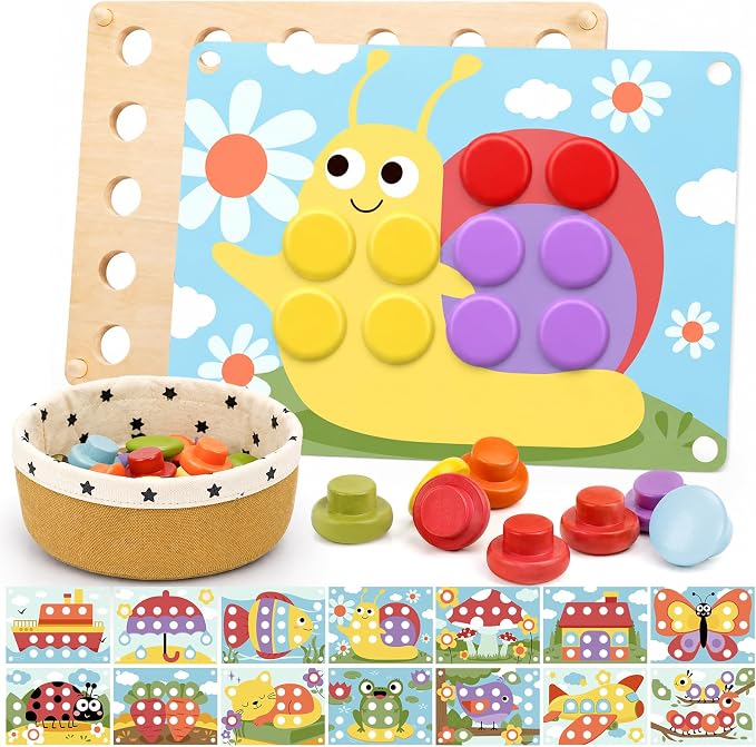 Joyreal Wooden Montessori Toys for 2 3 4 Year Old Girls Boy Birthday Gifts | Button Art Puzzle Game for Toddlers 2-4, Color Matching Pegboard for kid Preschool Learning Educational, Focus & Coordination
