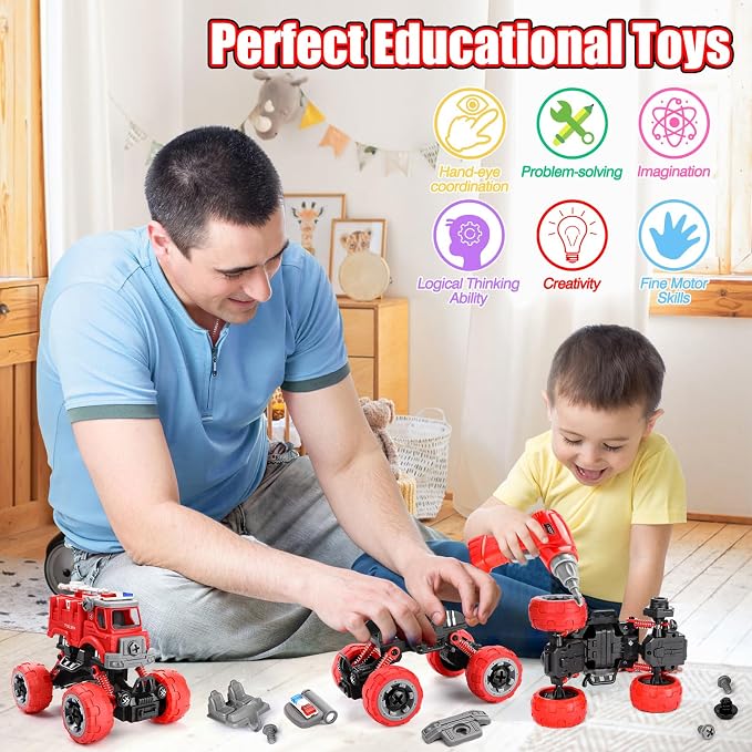 LUDILO Fire Trucks Toddlers 3-5 Take Apart Toys Gifts 3 4 5 Year Old Boys | 4PCS Kids DIY Assembly Firetruck/Electric Drill/Toddler Stem Building Fire Truck Toys 3 4 5 Year Old Boys Birthday Gift Xmas