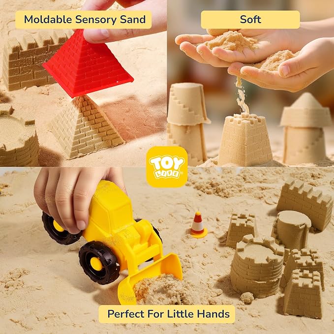 TOY Life 38-Piece Construction Sand Kit with Foldable Sandbox, Ages 3+ | 2.25 lb moldable material, 8 vehicles, crane, 6 molds, traffic signs, glow stones