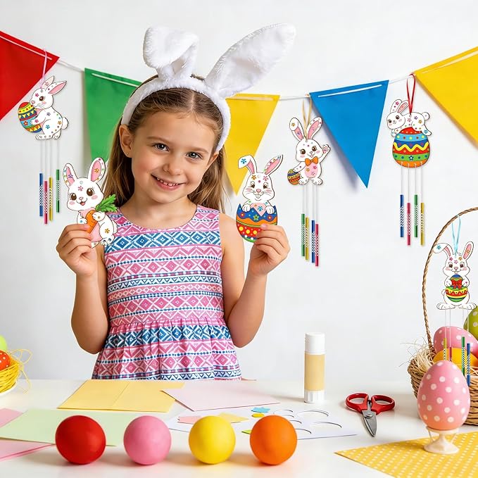 Wooden Easter Bunny Wind Chime Kits Make Your Own Easter Crafts for Kid Coloring DIY Easter Rabbit Wind Chime for Spring Party School Classroom Hanging Decoration Supplies Birthday Favor 6 Pack