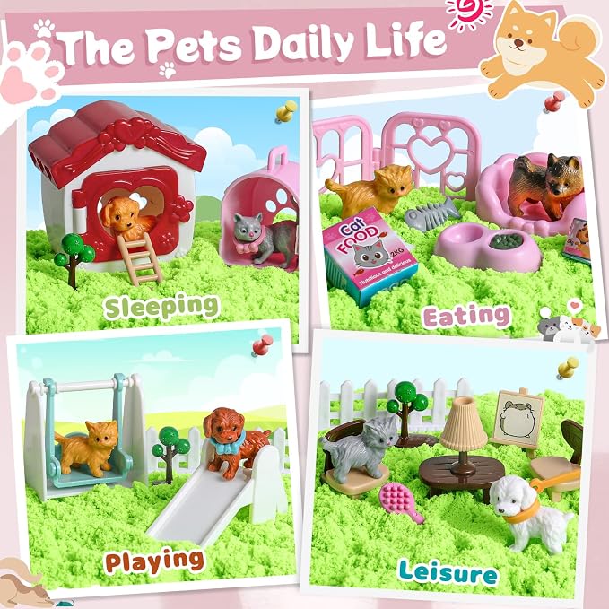 KNASON Cat and Dog Sensory Bin, Play Sand Kit for Girls and Boys Ages 3-8 | 2.2lbs Sensory Sand, Pet Sandbox with Lid, Cat and Dog Figures, Dog House, Cat Climber, Role Pretend Play Toy Gift for Kids