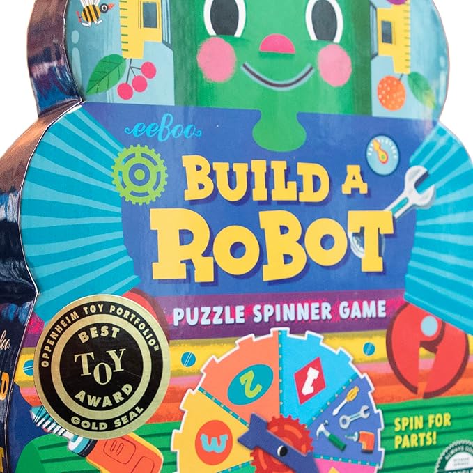 eeBoo Build a Robot Spinner Game, Matching Game, Ages 3+, 2-4 Players | Introduces early number recognition & imaginative play. Includes spinner & robot building pieces. 15-30 min game