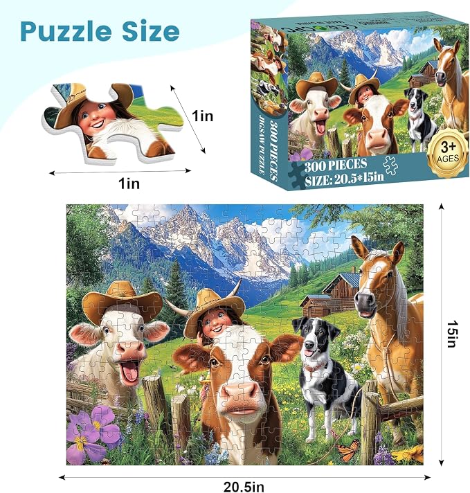 300 Pieces Puzzle for Adults Pasture Horse Animal Jigsaw Puzzle 300 Pieces | Farm Cow Puzzles for Kids Ages 8-10 Pet Lover Challenging Puzzles for Friends Family Activity Game Nights Gifts 20.5x15IN