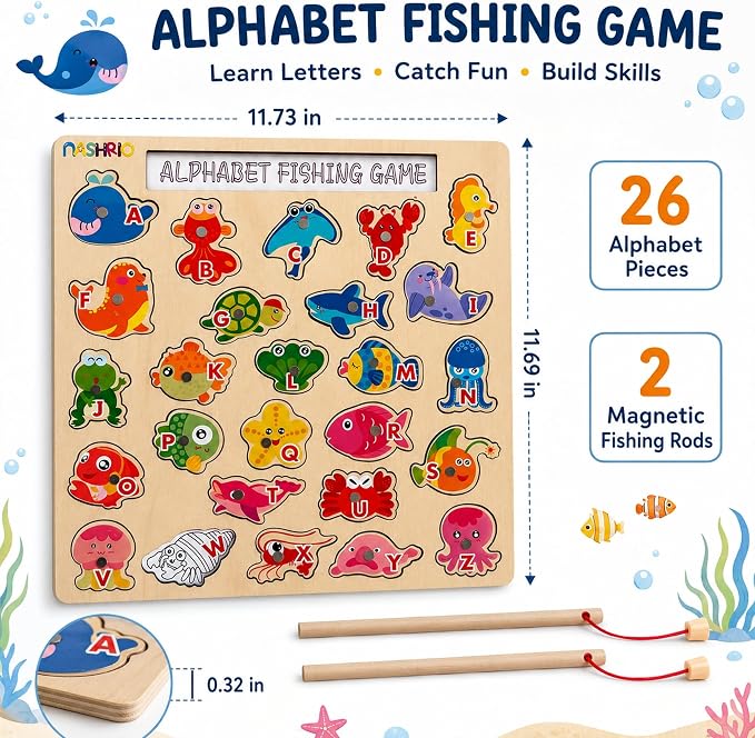 NASHRIO Magnetic Wooden Alphabet Fishing Game for Kids Ages 3-5, ABC Letter Puzzle Board with 26 Sea Animal Pieces, Preschool Learning Fine Motor Toy for Boys Girls 3 4 5