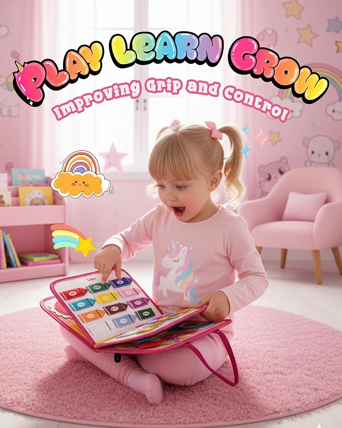Pink Montessori Busy Board,8-Page Sensory Activity Book for Fine Motor Skills & Basic Dress Learning, Portable Travel Toy for Preschool Kids, Portable Travel Gift for Preschool Girls