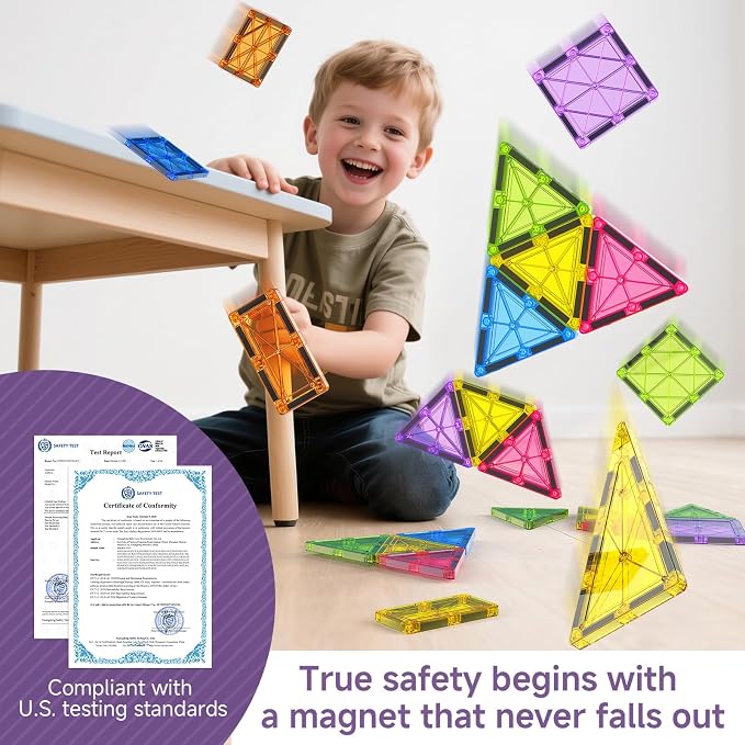 Premium Magnetic Tiles 100pcs: Durable STEM Building Blocks Kids 3-8 | Iron case with handle, lid as play base. 7.5cm tiles, sealed, ASTM & CPSIA safe. Montessori STEM for preschool. Gift 3-8