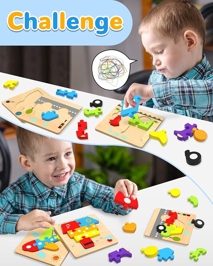 Wooden Toddler Puzzles Gifts Montessori Toys for 1 2 3 Years Old Boys Girls | 4 Vehicle Shape Puzzles, Boy Birthday Gift, Montessori Toys Educational Blocks for Toddlers 1-3, 2-4, Baby Learning Toys
