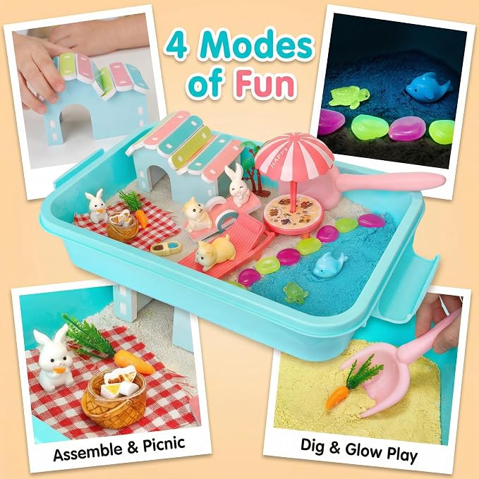 Carolart Hamster Sensory Bin, Animal Play Set, Sand Box with Glow Stones | Rabbit and hamster pretend play sandbox, sensory sand activity, pet habitat toy, gift for kids ages 3-8