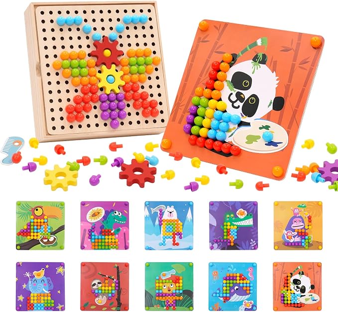 Button Art Toy for Toddlers Wooden Mosaic Pegboard Toy Color Matching Toy Fine Motor Skill with Box 180 Buttons 10 Pictures Montessori Early Development Toy for Toddlers Boys Girls 1 2 3 4 5 6